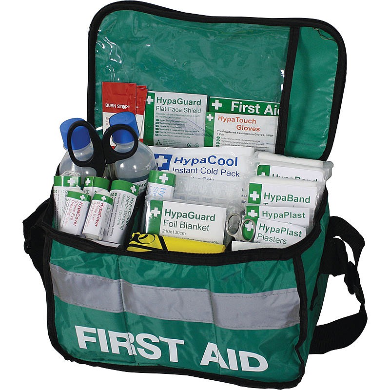 fist aid box opened having it's equipment and medicines inside