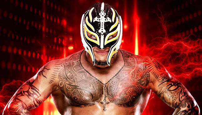 Rey Mysterio on mask with tattoos on his body 