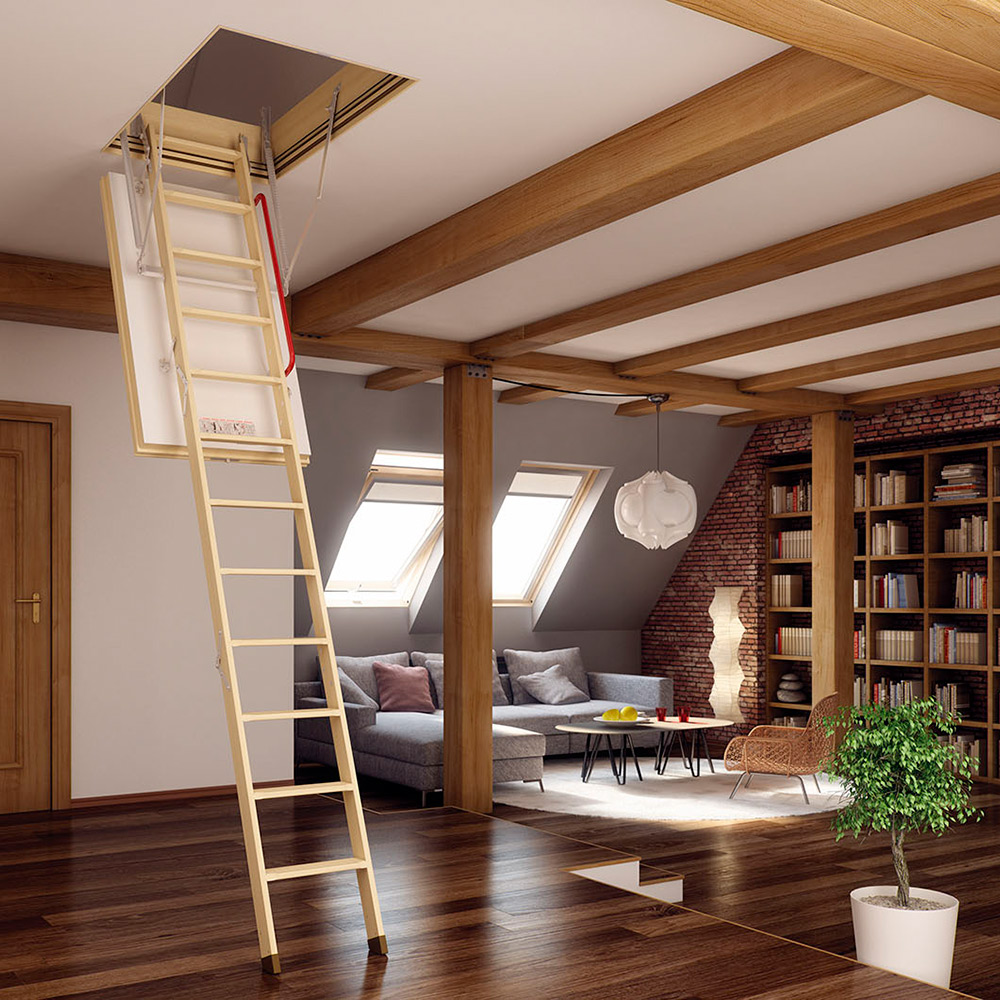 an attic ladder stairs installed in the living room