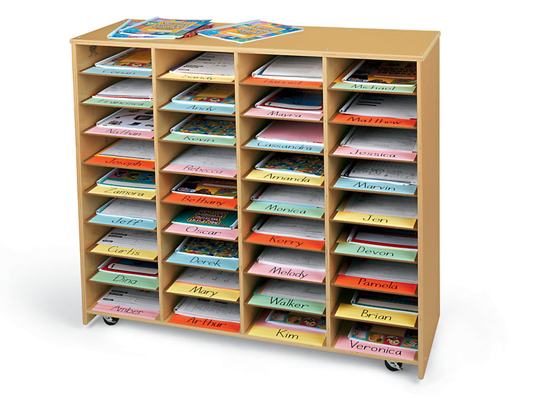 students names written on wooden classroom mailboxes