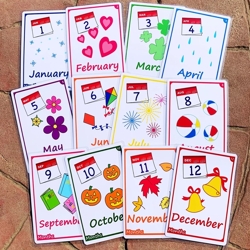 flash cards showing all months in a year with different signs on each month