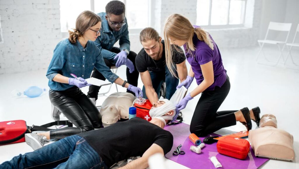 medical support given to an injured worker lying on the ground